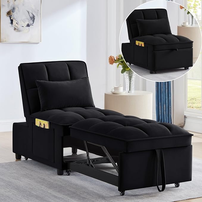 KEIKI Velvet Single Convertible Sleeper Chair Sofa Bed with Adjustable Backrest, Pillows & Storage Pockets, 3 in 1 Pull-Out Couch Chaise Lounge Recliner for Living Room Balcony Bedroom, Black