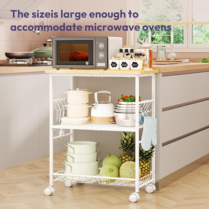 SWTYMIKI Rolling Kitchen Microwave Cart - 3 Tier Microwave Table Stand with Storage Basket and Hooks, Kitchen Utility Cart on Wheels, Coffee Cart Shelf Rack Organizer for Living Room Office, Balcony