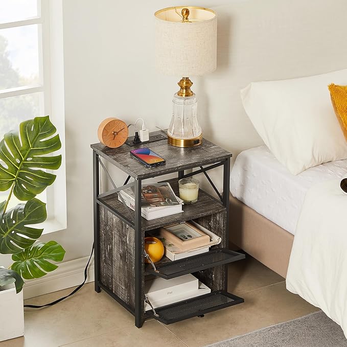 VECELO Oak Gray End Table with USB Ports and Outlets,24 Inch Nightstands with Charging Station and Storage Shelf for Bedroom,Living Room, 2 Set