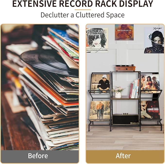 Record Player Stand with Vinyl Record Storage, Turntable Stand with 4-Tier Vinyl Display Shelf & Metal Frame, Record Holder for Living Room, Rustic Brown