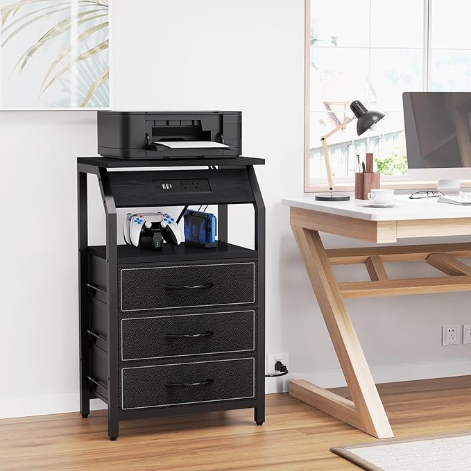 End Table with 3 Drawers, Nightstand with Charging Station and LED Lights, Small Fabric Dresser for Bedside, Storage Side Table for Living Room Dorm, Black