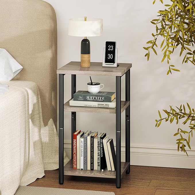 DUMOS End Table Small Side Sofa Tables 3 Tier Tall Nightstand Storage Shelf with Adjustable Feet for Living Room Bedroom Office, Grey