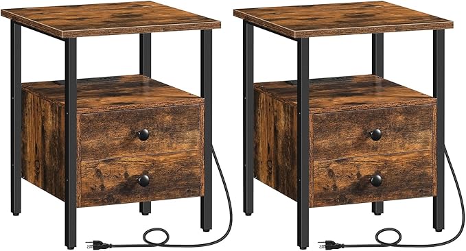 HOOBRO End Table Set of 2 with Charging Station, Nightstand with 2 Drawer & USB Ports & Power Outlets, Bedside Table for Small Spaces, Stable and Sturdy, for Living Room, Rustic Brown BF43UBZP201