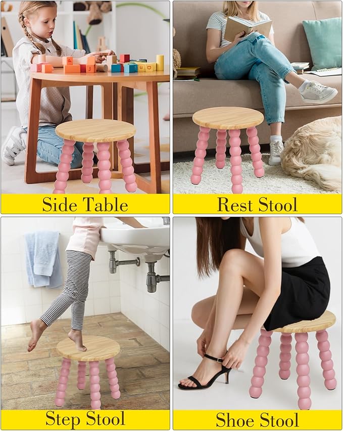 Masupu Solid Wooden Step Stool for Adults Kids, 11 inch Small Foot Stool, Non-Slip One Step Stool, Sturdy Foot Stool for Bathroom, Bedroom, Kichen, Plant Stand(Natural and Pink)