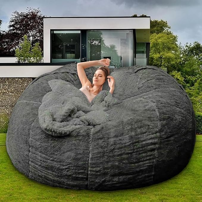 Bean Bag Chair for Adults Kids Without Filler Fluffy Comfy Giant Round Beanbag Sofa Chair Cover for Stuffed Animal Storage Living Room, 5FT, Dark Grey