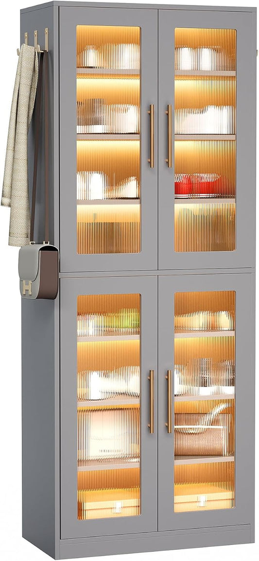LITTLE TREE Stylish 8-Tier Vertical Shoe Rack with Built-in LED Lighting, Doors for Dust Protection, and Convenient External Hooks, Shoe Cabinet for Entryway, Living Room, Bedroom, Grey
