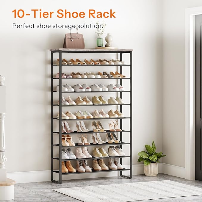 HOOBRO 10-Tier Shoe Rack, 39.4" L Shoe Storage Organizer, Large Capacity Shoe Shelf for Front Door Entrance, Entryway, Hallway, Holds 45-50 Pairs of Shoes, Closet, Greige and Black BG171XJ01