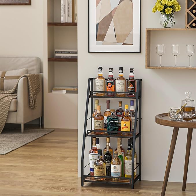 3-Tier Trapezoid Liquor Stand for Home Bar, Stepped Wine Rack Freestanding Floor for Liquor Whiskey Wine, Versatile Corner Wine Bottle Display Stand with Fences, Vintage Brown（Patent Pending）