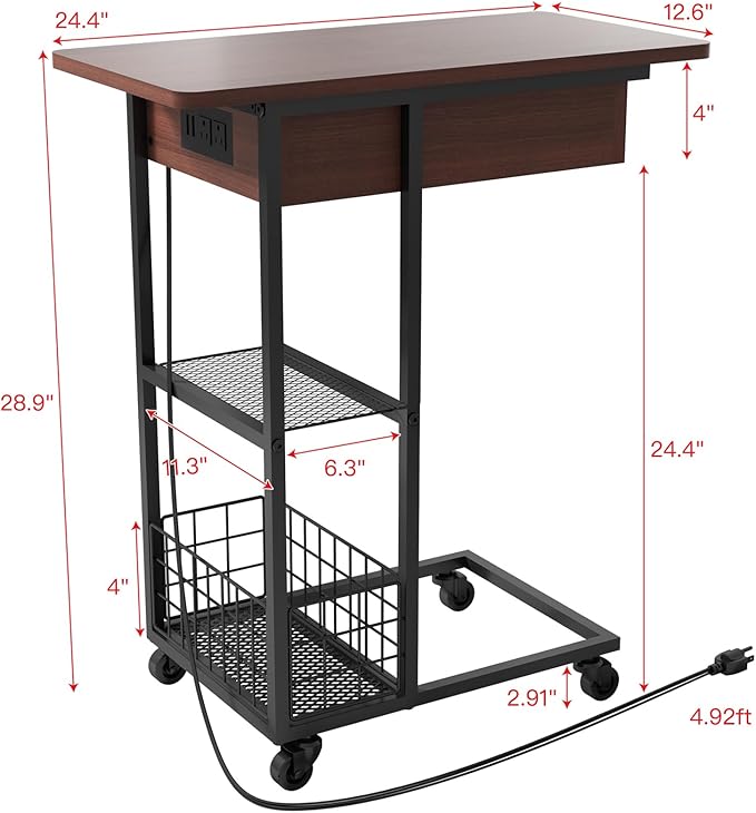 LIDYUK C Shaped End Table with Charging Station, Flip Top Side Table with USB Ports and Outlets, C Table Sofa Table with Storage Shelf for Living Room, Bedroom, Dark Cherry