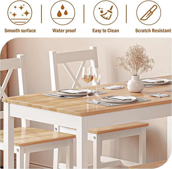 soges 5 Pieces Dining Table Set, Pine Wood Kitchen Table with 4 Chairs, 47.2 inch Kitchen Table Set for 4, Rectangular Dining Table Furniture Set for Kitchen, Dining Room, Dinette, White & Oak