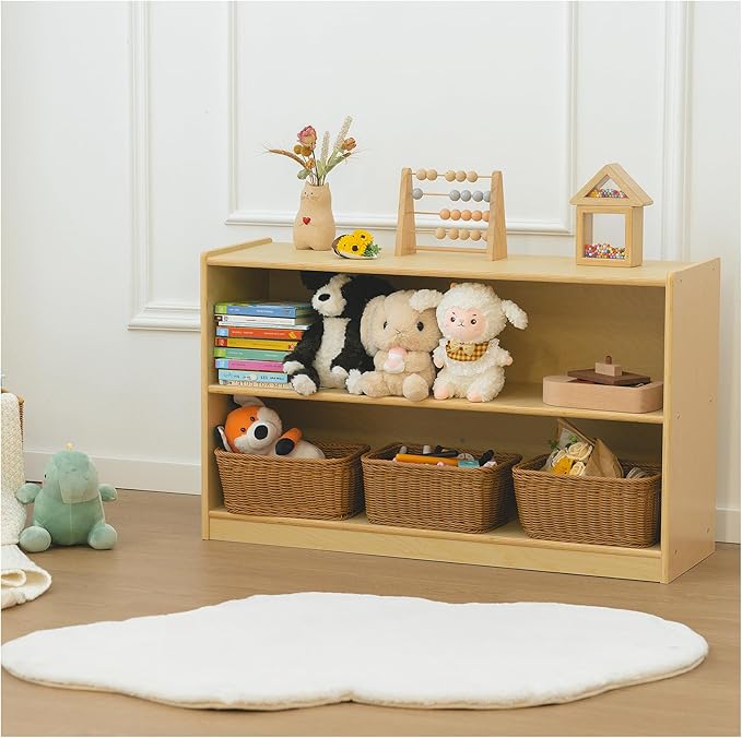 Kids Bookshelf and Toy Storage Shelf, Wooden Montessori Bookshelf, 2-Tier Toy Shelf, 24in Birch Children Bookcase, Classroom Furniture, Book Shelf for Kids Room, Nursery, Playroom