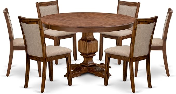F3MZ7-50N-04 7-Pc Kitchen Table Set Includes a Pedestal Table and 6 Light Tan Polyester Dining Room Chairs with Padded Back - Antique Walnut