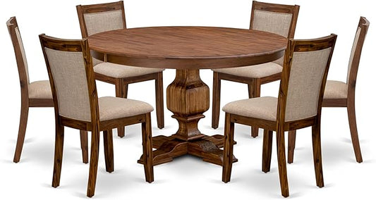 F3MZ7-50N-04 7-Pc Kitchen Table Set Includes a Pedestal Table and 6 Light Tan Polyester Dining Room Chairs with Padded Back - Antique Walnut