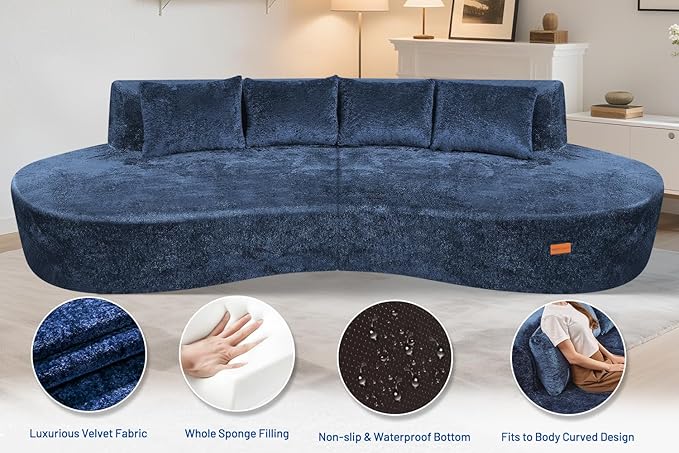 Homguava 104'' Modular Sectional Sofa,Curved Modern Sofa with Memory Foam,Deep Seat Cloud Couch with 4 Pillows,Upholstered Oversized Couches for Living Room Apartment Office,No Assembly Required, Blue