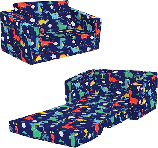 Kids Couch Convertible Sofa to Lounger for Toddler Boy, Foldable 2-in-1 Kids Sofa Bed, Toddler Chairs Comfy for Bedroom Playroom, Blue Dinosaur