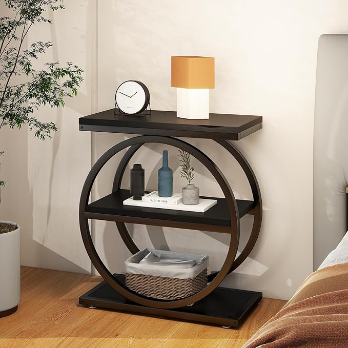 IBUYKE Narrow End Table with 3 Storage Shelves, Industrial Sofa Side Table, Double Round Metal Frames, Slim Nightstand and Bedside Table for Bedroom, Living Room, Black UTMJ418B