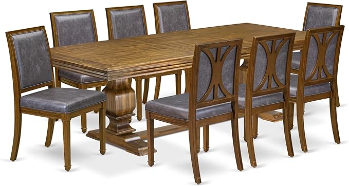 NKAM9-AWA-34 9-Piece Dining Table Set Includes a Kitchen Table and 8 Dark Grey Polyester Fabric Dinner Chairs with High Back - Antique Walnut Finish