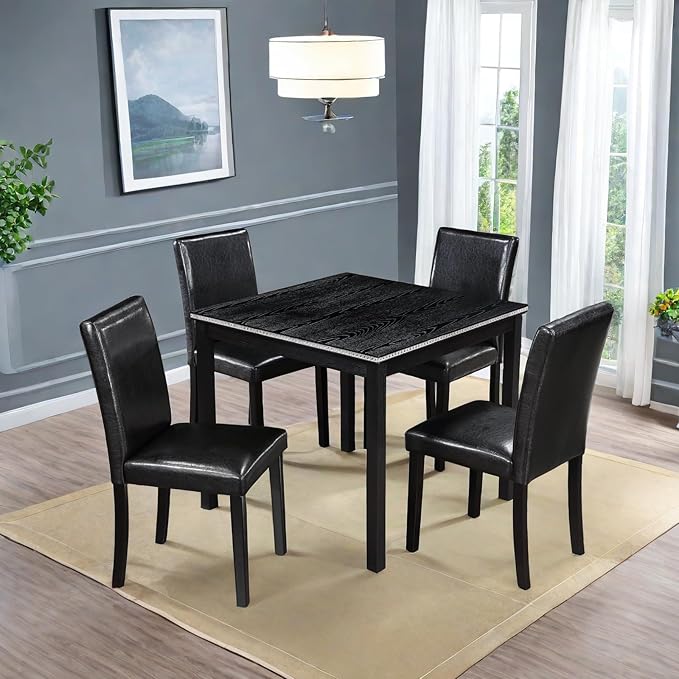 Dining Table Sets, 5-Piece Kitchen Table & Chair Sets with Square Crystal Decoration Table & 4 PU Upholstered Chairs,Wooden Dining Table Set for Dining Room,Black