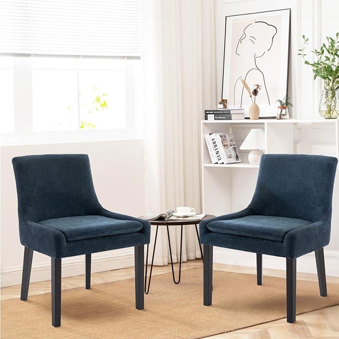 COLAMY Modern Dining Chairs Set of 6, Upholstered Corduroy Accent Side Leisure Chairs with Mid Back and Wood Legs for Living Room/Dining Room-Blue
