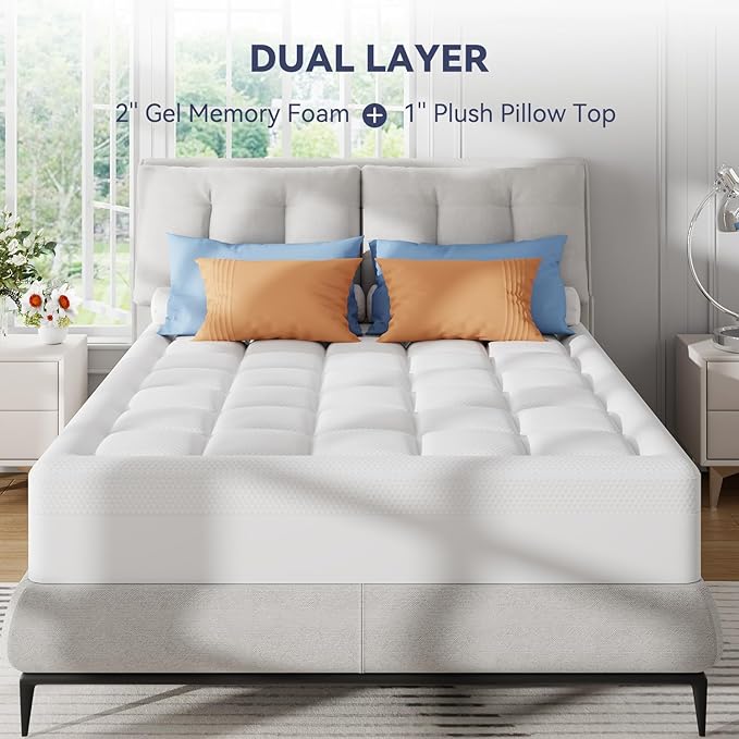 ELEMUSE Queen Dual Layer 3 Inch Memory Foam Mattress Topper, 1 Inch Plush Feel Pillow Top Mattress Topper Cover and 2 Inch Cooling High Density Memory Foam Bed Pad for Back Pain Relief