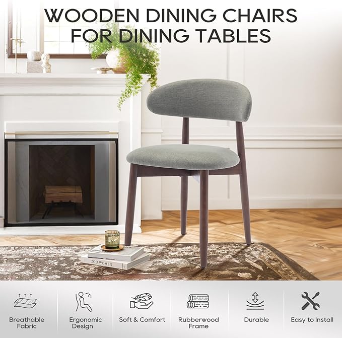 COLAMY Wooden Dining Chairs Set of 2, Modern Fabric Upholstered Kitchen Side Chairs, Farmhouse Dining Room Chair with Foot Pegs, Green