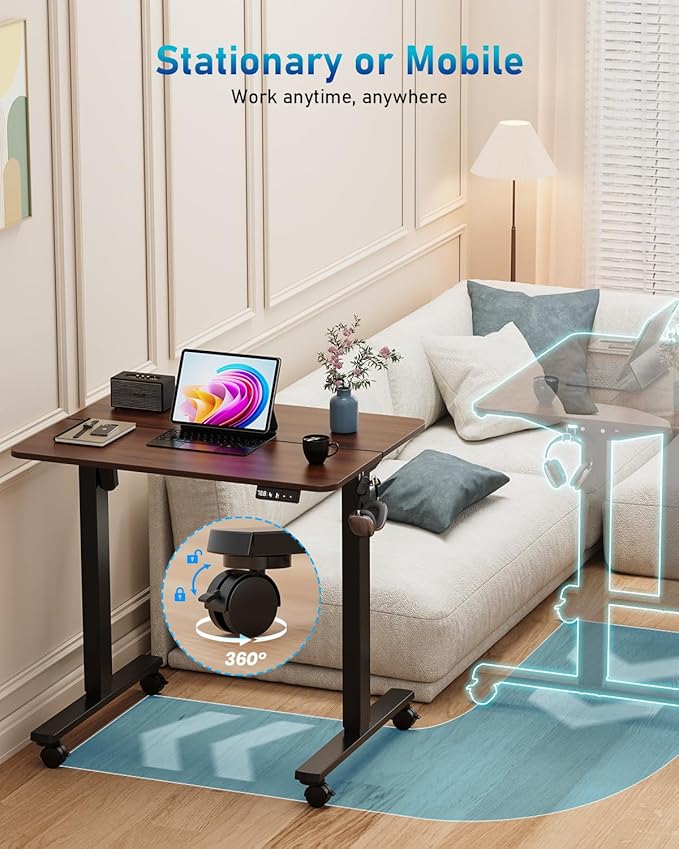 Small Height Adjustable Electric Standing Desk, 31.5" x 23.6" Sit Stand up Desk with Splice Board, Ergonomic Rising Computer Home Office Desk Table with Memory Preset, Black Frame/Walnut Top