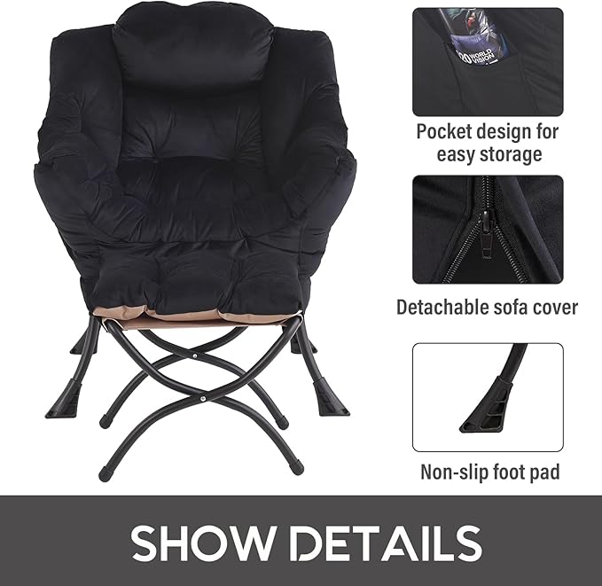 LITA Lazy Chair with Ottoman, Modern Accent Leisure Upholstered Sofa, Contemporary Lounge Reading Chair with Armrests and a Side Pocket for Living Room, Bedroom & Small Space, Black