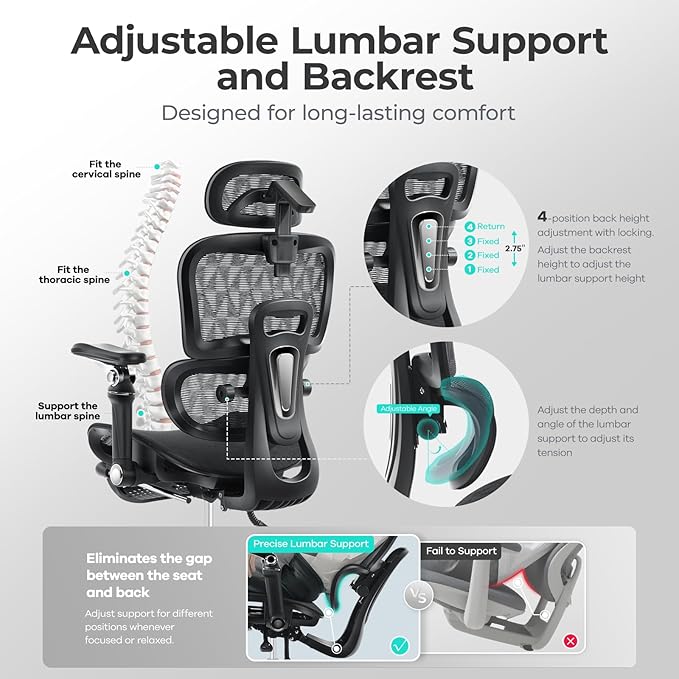 Ergonomic Office Chair with 9D Arms,Adjustable Seat Depth,3D Lumbar Support,135° Recline,3D Headrest & Footrest,Mesh Computer Desk Chair - Ultimate Comfort for Home & Executive Office Black