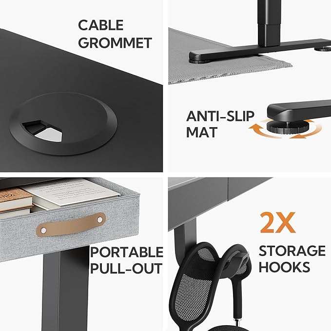 Seang Standing Desk with Drawer, 48" x 24" Height Adjustable Stand Up Desk, 3 Memory Height Settings with Cable Grommets & Storage Hooks, Ideal for Home & Office, Black