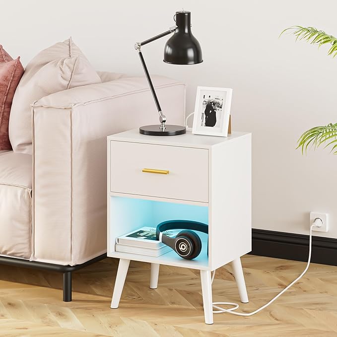 Nightstand with Charging Station and LED Lights, Small Side Table, Bedside Table with Drawer, Modern Night Stand, End Table for Bedroom, Living Room (White)