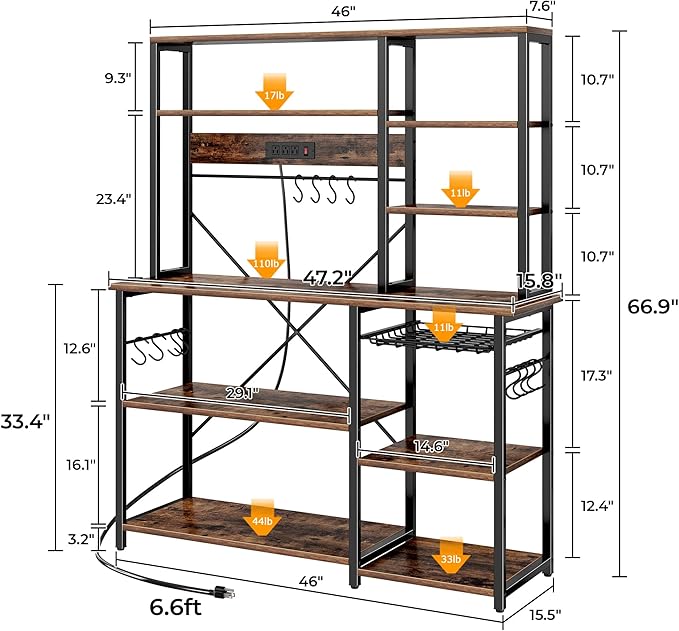 SUPERJARE Larger Bakers Rack with Power Outlets, 6-Tier Microwave Stand, Coffee Bar with 12 S-Shaped Hooks, Kitchen Shelf with Wire Basket, 47.2 x 15.5X 66.9 Inches, Rustic Brown