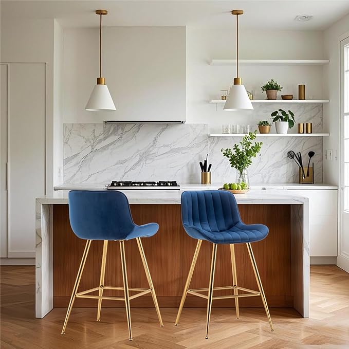 Sidanli Blue Bar Stools Set of 2, 24 Inch Velvet Counter Height Bar Stools with Footrests, Modern Bar Chairs for Home, Kitchen Island, Dining Room