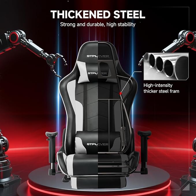 GTPLAYER Gaming Chair with Bluetooth Speakers and Footrest, Ergonomic Gamer Chair with Reclining Backrest, 3D Armrests, Adjustable Seat Height, Computer Desk Chair for Adults (White)