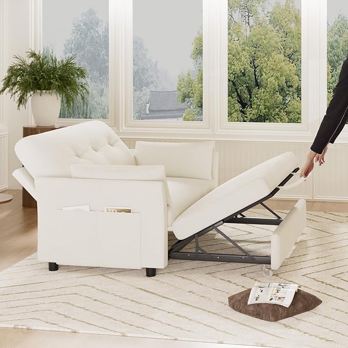 Vipbear 3-in-1 Chenille Convertible Sofa Bed, Pull Out Sleeper Sofa with Reclining Backrest & Side Pocket, Tool-Free Assembly, Folding Loveseat for Living Room, Apartment, White