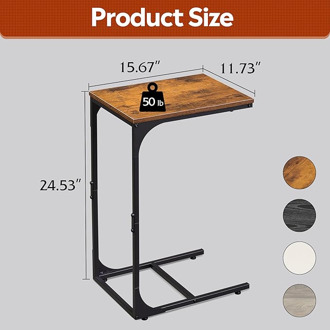 WLIVE C Shaped End Table, Small Couch Side Tables with Metal Frame That Slide Under, Sofa Table TV Tray for Living Room, Bedroom, Rustic Brown
