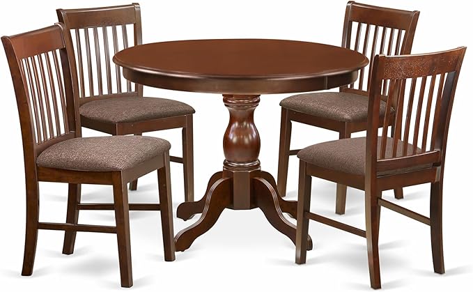 East West Furniture HBNF5-MAH-C 5 Piece Dining Table Set for 4 Includes a Round Kitchen Table with Pedestal and 4 Linen Fabric Dining Room Chairs, 42x42 Inch, Mahogany