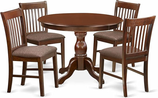 East West Furniture HBNF5-MAH-C 5 Piece Dining Table Set for 4 Includes a Round Kitchen Table with Pedestal and 4 Linen Fabric Dining Room Chairs, 42x42 Inch, Mahogany
