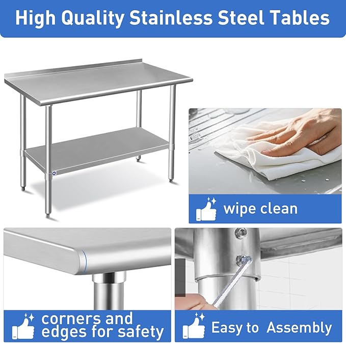 ROCKPOINT Stainless Steel Table for Prep & Work with Backsplash 24x48 Inches, NSF Metal Commercial Kitchen Heavy Duty Table with Adjustable Under Shelf and Table Foot for Restaurant, Home and Hotel