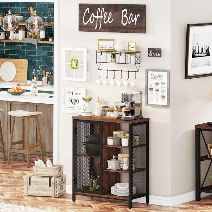 BON AUGURE Coffee Bar Cabinet for Home Liquor, Small Storage Cabinet for Kitchen and Entryway, Farmhouse Industrial Buffet Sideboard Credenza with Adjustable Shelves (Rustic Oak)