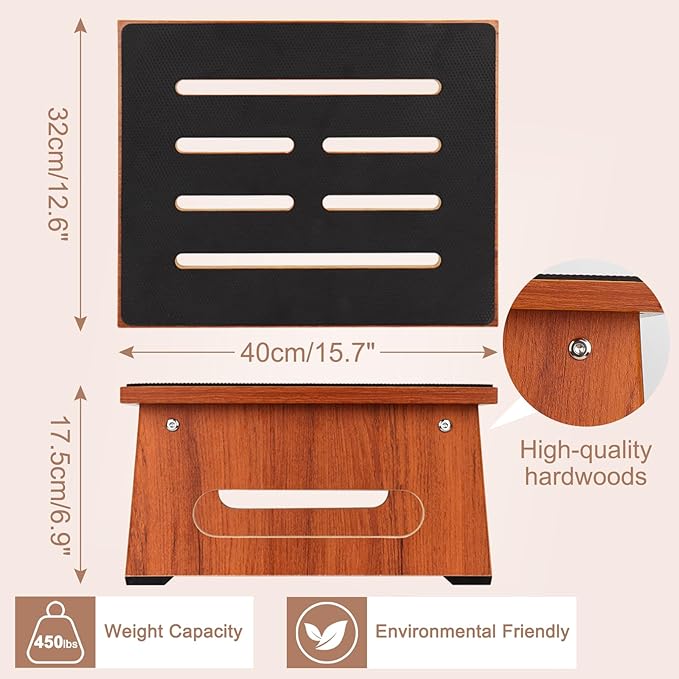 One Step Stool for Bed, Wooden Step Stool with Non-Slip Feet, 450 LBS Capacity Stepping Stool for Adults Seniors, Bedside Steps for High Beds, Bathroom Kitchen Bedroom, Easy to Assemble, Rustic Brown