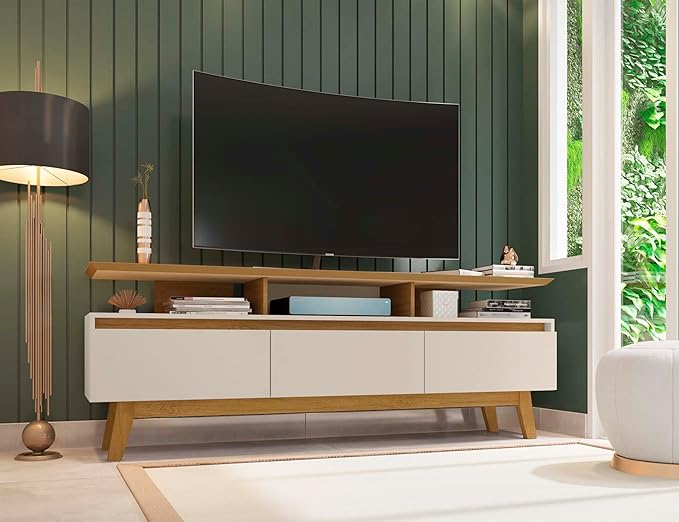 Manhattan Comfort Yonkers 71 Inch Mid Century Modern TV Stand with Storage, 3 Flip Down Door, Hole for Wire Management, Fits Up to 60" Television, Durable & Versatile Console Table, Off White/Cinnamon