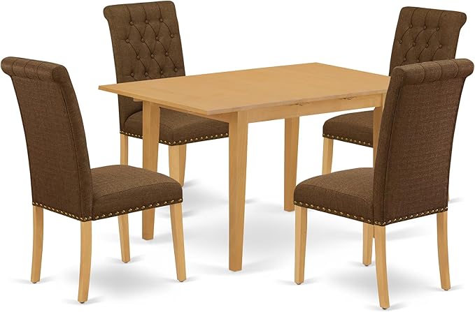 East West Furniture NOBR5-OAK-18 5 Piece Dining Room Table Set Includes a Rectangle Kitchen Table with Butterfly Leaf and 4 Brown Linen Linen Fabric Parson Chairs, 32x54 Inch, Oak