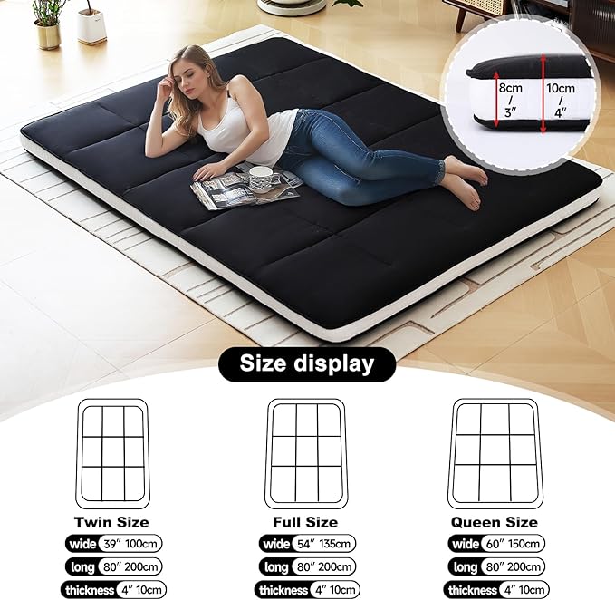 Tiita Queen Memory Foam Mattress Topper, 4" Thicken Futon Floor Mattress with Storage Bag and 2 Straps, Portable Roll Up Travel Car Camping Mattress Sleeping Pad, Black