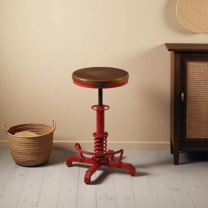 LOKKHAN American Antique Steampunk Bar Stool 24.41"-28.35" Vintage Industrial Adjustable Swivel Backless Counter Stool for Home, Dining, Breakfast, Pub, (Heavy Duty Metal & Wood, Aged Red, Brown Top)
