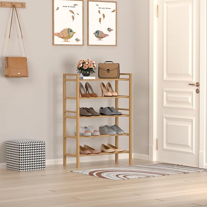 Haddockway Bamboo Shoe Rack for Closet, Free Standing Shoe Organizer with Smooth Round Rods & Convenient Handles, Stackable Shoe Storage Shelf for Entryway, Hallway(Natural, 5-Tier(Small))