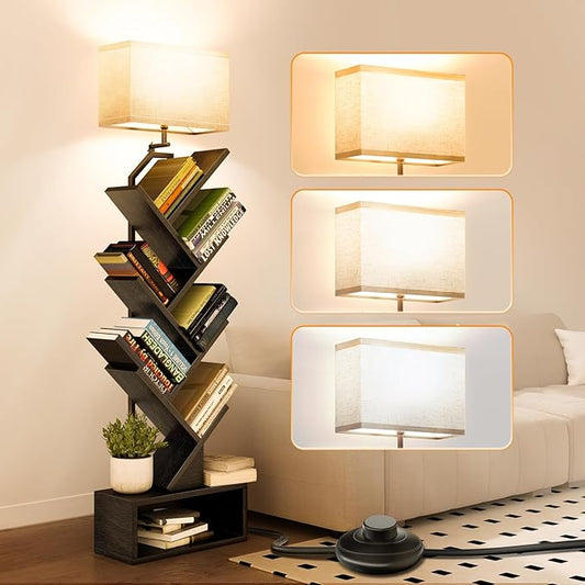 addlon 6-Tier Tree Bookshelf, Steel&Wood Corner Shelf with 3CCT Bulb,Small Book Shelf for Bedroom, Home Office&Living Room-Rustic Brown-Black Oak