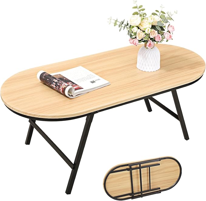 Foldable Coffee Table Natural Wood Oval Coffee Tables No Assembly Portable Floor Table Desk for Sitting on The Floor Low Coffee Table for Small Spaces Living Room Outdoor Use
