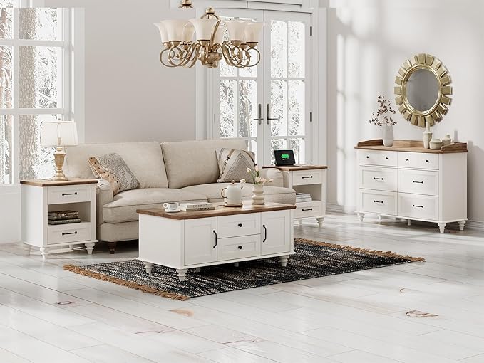 WAMPAT White Side Table with 2 Drawers & Charging Station, Mid Century Nightstand for Bedroom with Power Outlets & USB Ports, Wooden Bedside Table Night Stand with Shelf for Living Room, Antique White