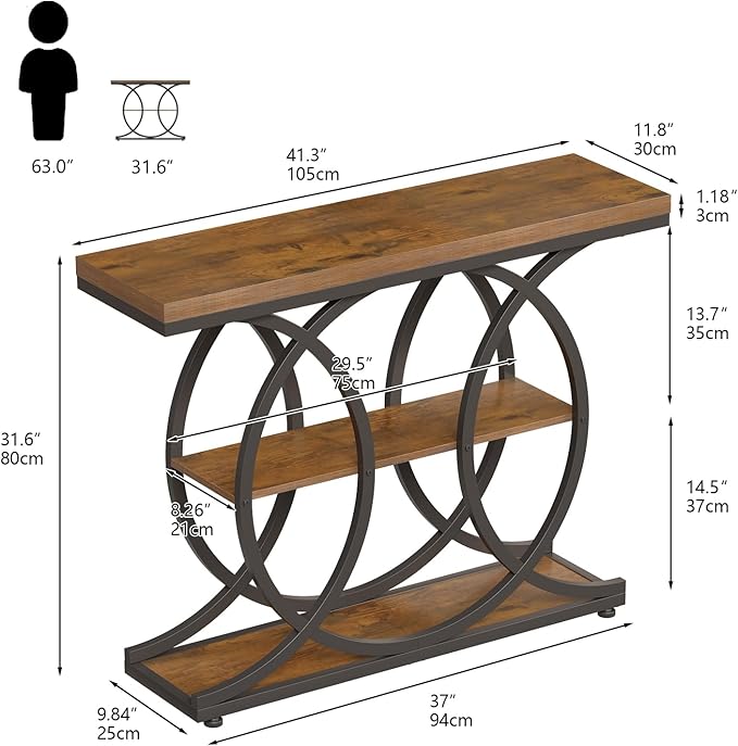 GiftGo Narrow Console Table for Entryway Industrial 3-Tier Sofa Table Behind Couch with Circle Base Wooden Accent Wall Tables with Storage Shelves for Living Room, Hallway, Foyer (Rustic Brown)