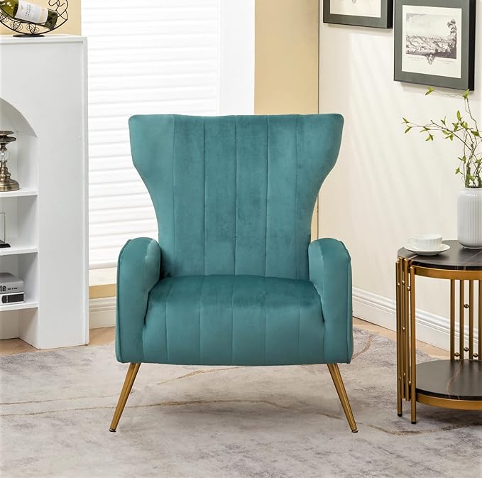 Container Furniture Direct Modern Velvet Accent Chair, Channel Tufted Bedroom, Office or Living Room Furniture with Elegant Metal Legs, 26" Wide Armchair, Teal